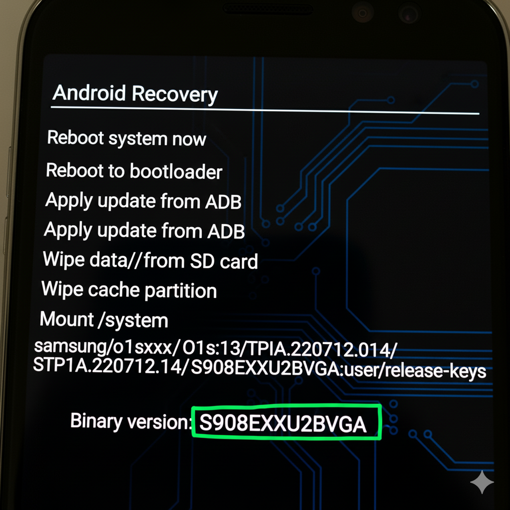 Screenshot of Samsung recovery mode screen highlighting the binary version number