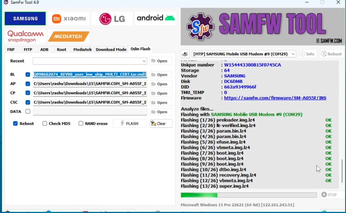 Samsung FRP Bypass process screen showing Android 15 setup lock removal steps