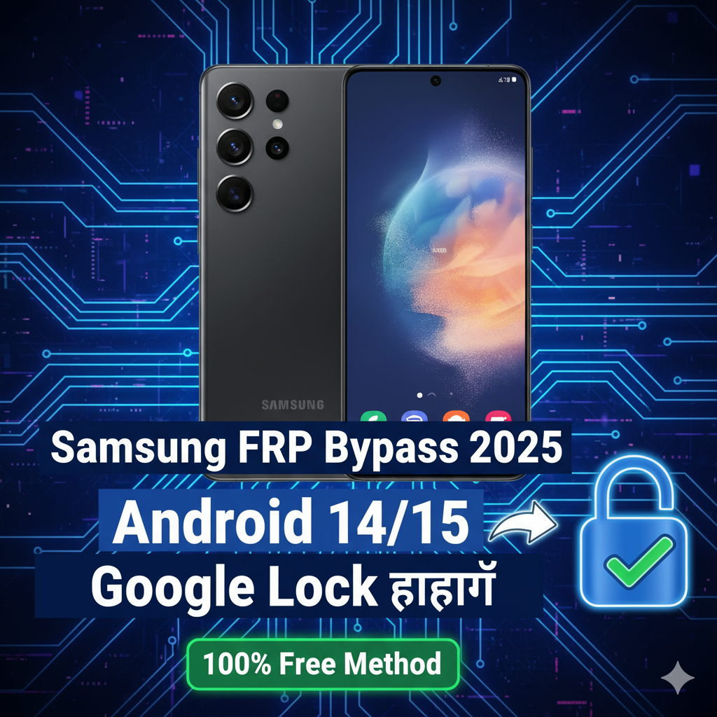Samsung FRP Bypass process with a smartphone and a padlock icon