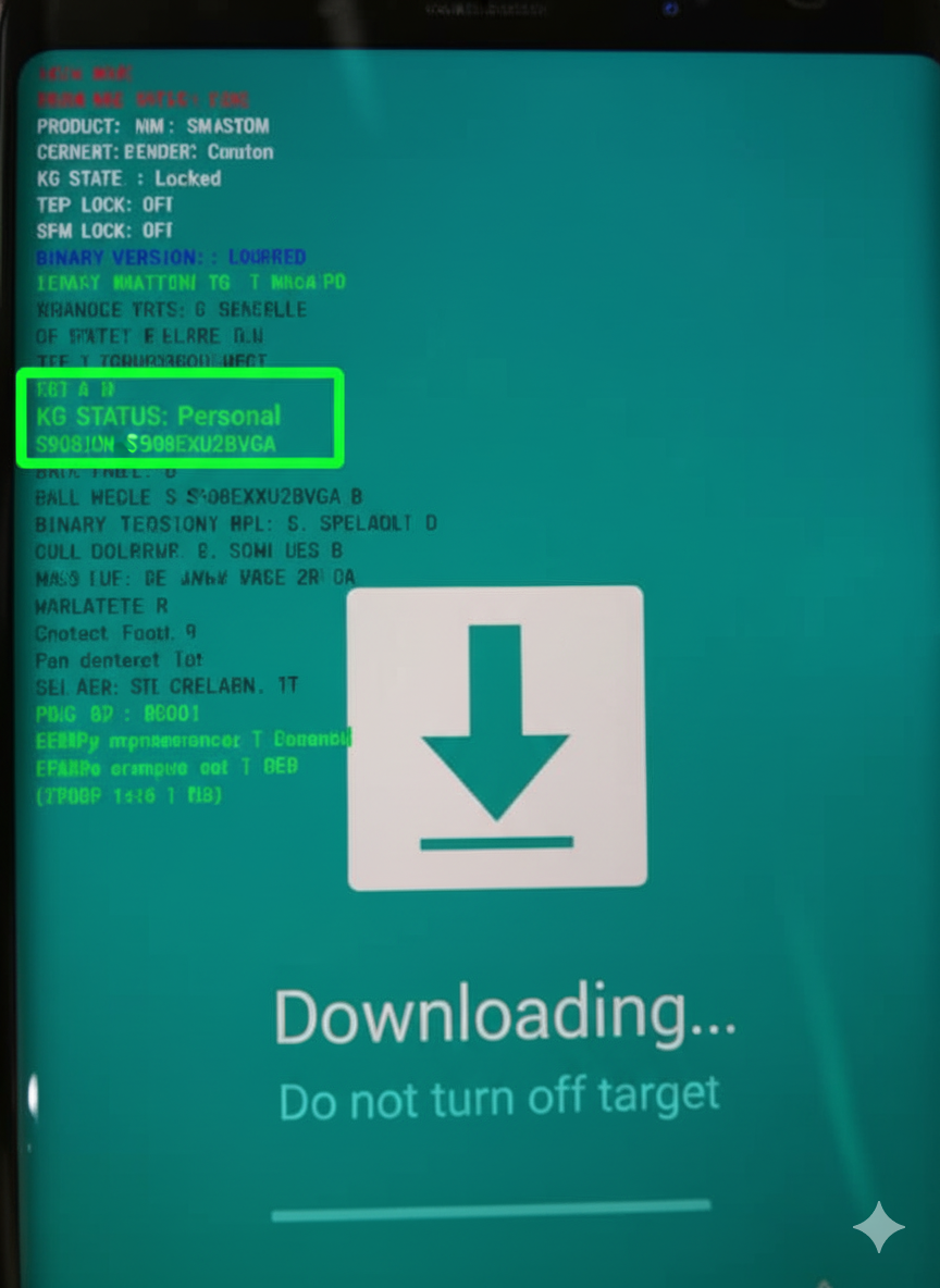 Screenshot of Samsung download mode screen highlighting KG STATUS as Personal