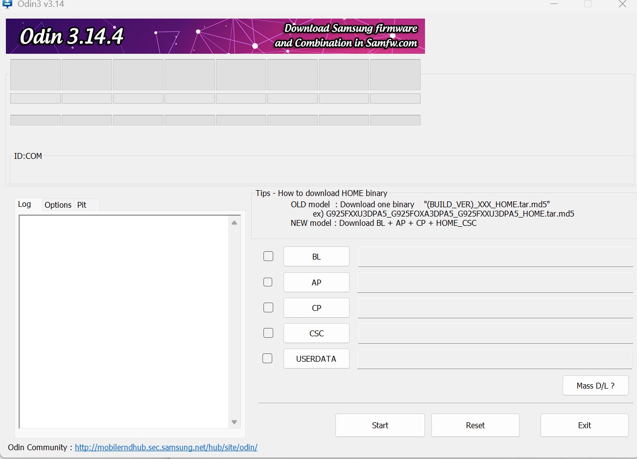 Screenshot of Odin flash tool with BL, AP, CP and HOME_CSC files loaded
